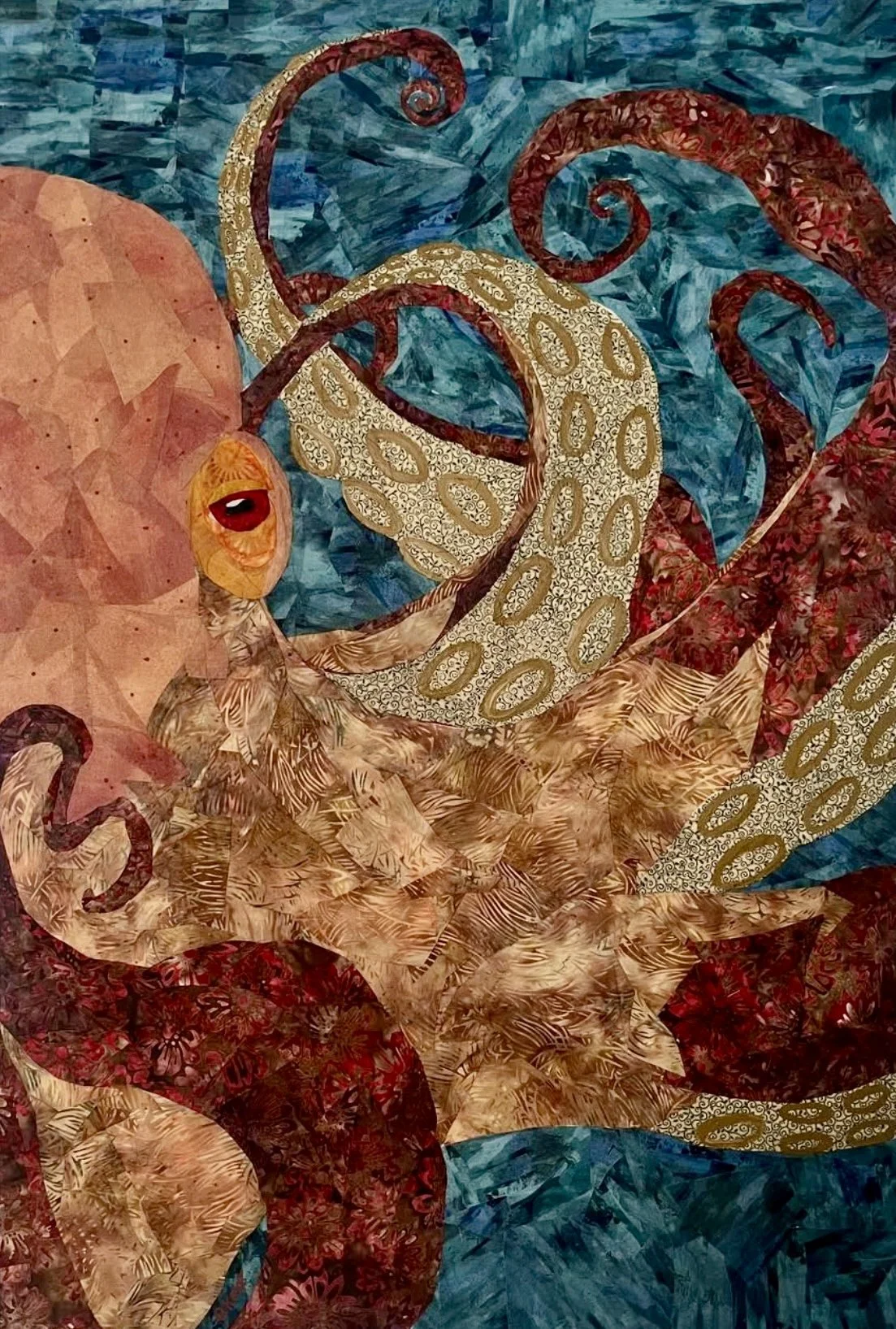 "Octopus Approaching" 
Fabric & Acrylic on Canvas
30 x 40