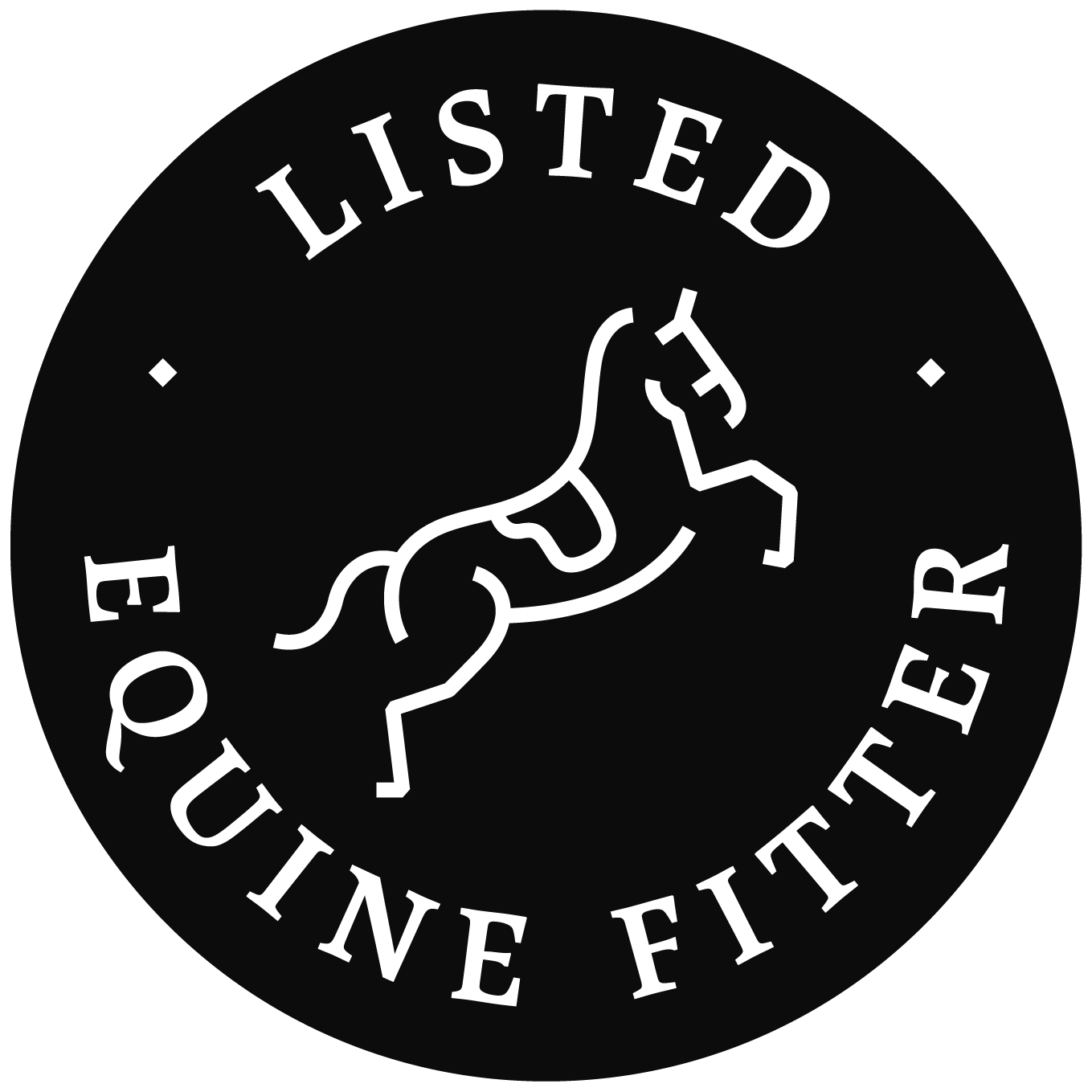 A black circular badge with white text that says 'Listed Equine Fitter' encircling a simplified outline of a horse.