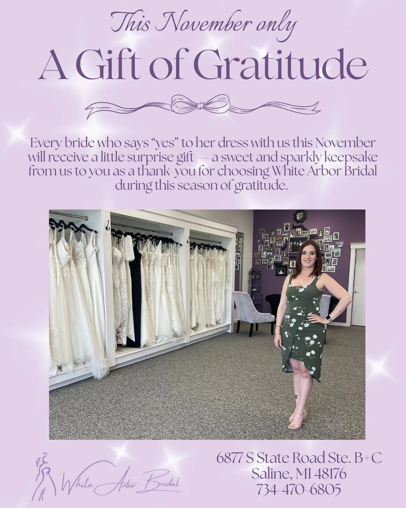 November is a season of thankful hearts &mdash; and we&rsquo;re grateful for every bride who walks through our doors.

Say yes to your dress this month, and enjoy a sparkly surprise gift as our way of saying thank you for choosing White Arbor Bridal!