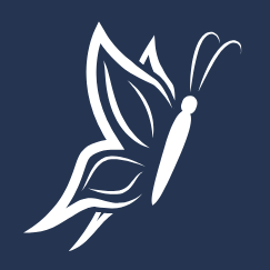 White outline of a butterfly on a dark blue background.