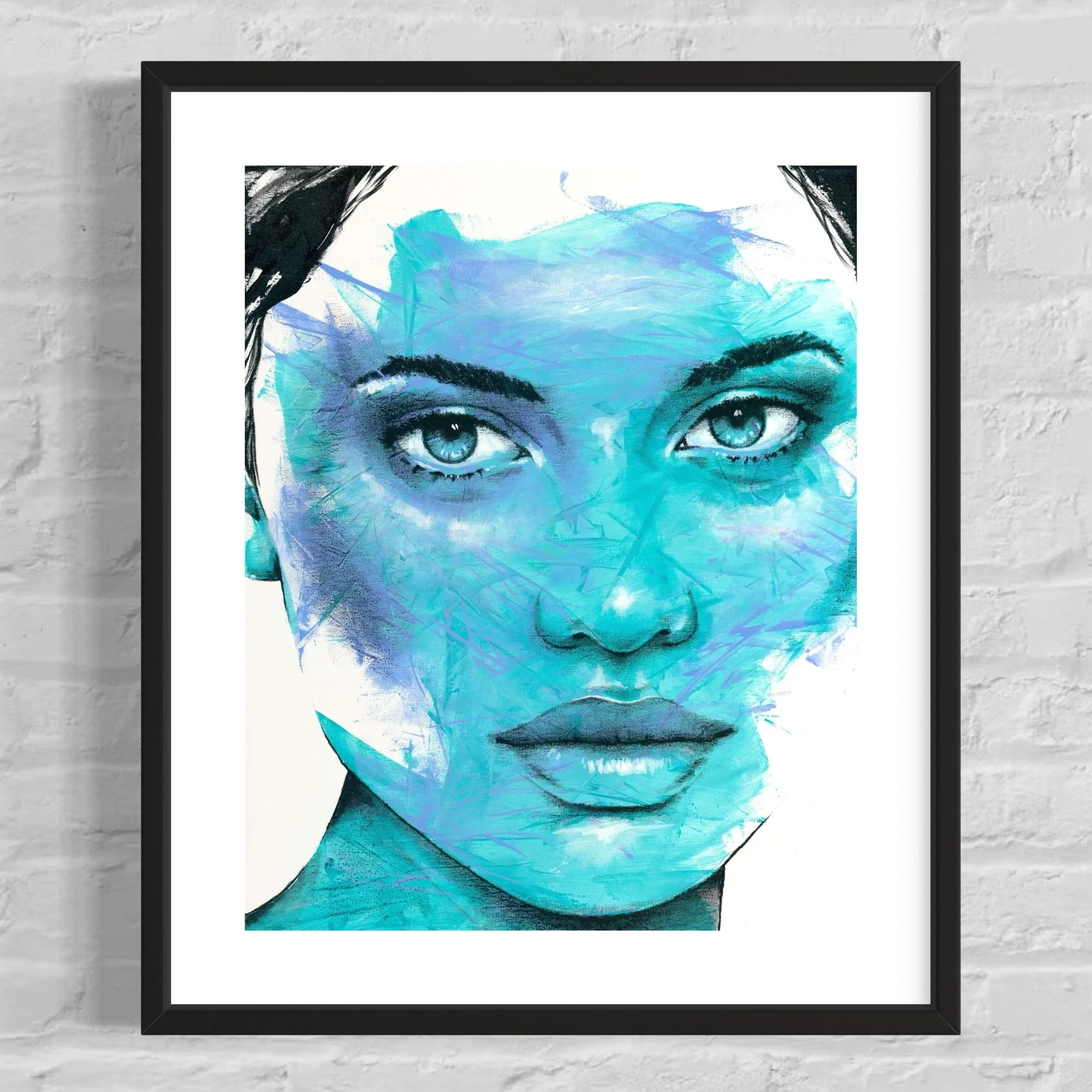 Close-up portrait of a woman with striking blue eyes and a face in shades of blue and black, painted in a modern, abstract style.