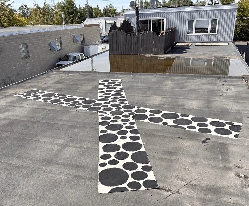 More prep for new project. Painting this morning on the roof of my studio building, this 24-foot &quot;X&quot; on canvas. Been using dots in my work since the 1990s but brings Kusama to mind. #studiolife #newartproject #artonarooftop #wip #contempora