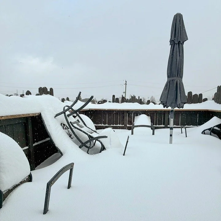 November 28, 2025, 2:13 pm EST, in Barrie, Ontario. I know I should be doing something other than following my itinerant mind. It snowed last night and a mist of white is still falling, all of it piled high, a foot and a half maybe, on my deck. Make 
