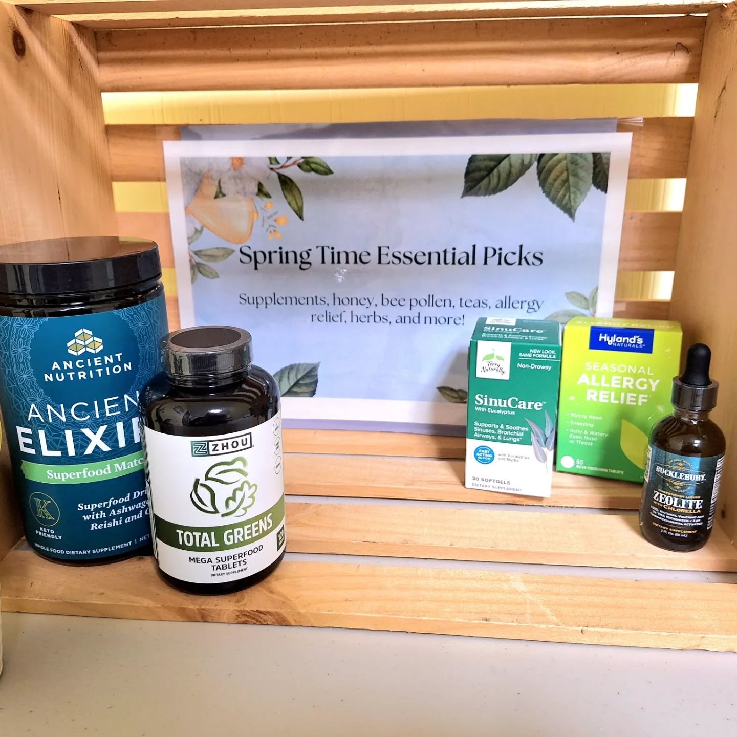 Just as the seasons change, so does our seasonal shelf. This time, we have the springtime essentials selection. It is a curated variety of allergy relief supplements, herbs, honey, bee pollen, detox remedies, and more! Stop on by and let your spring