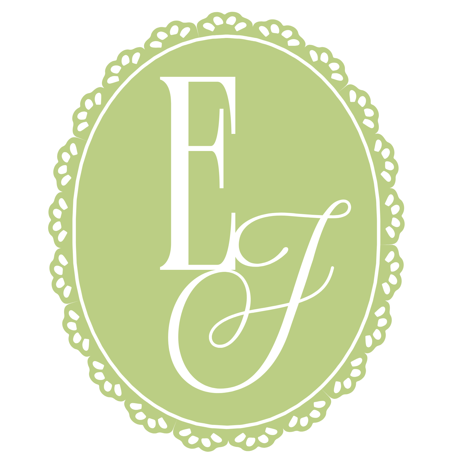 A circular logo with a green background, surrounded by a decorative black and white lace border. In the center, the letters 'EJ' are written in white, with 'E' in a tall, serif font and 'J' in a cursive script.