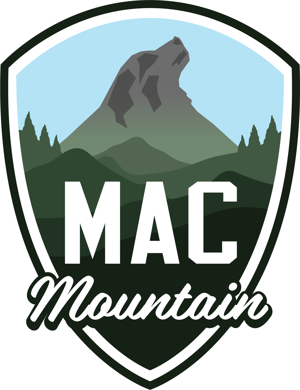 A mountain with a bear's head shape at the top, surrounded by trees and hills, with the text 'MAC Mountain' in front.