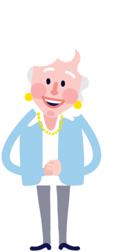 Cartoon illustration of an elderly woman with gray hair, wearing yellow earrings, a pearl necklace, a white blouse, and a light blue cardigan, smiling and holding a gray walker.