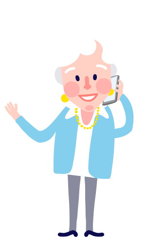 A cartoon illustration of an elderly woman with white hair, wearing a blue jacket, yellow earrings, and a pearl necklace, talking on a cellphone and smiling.