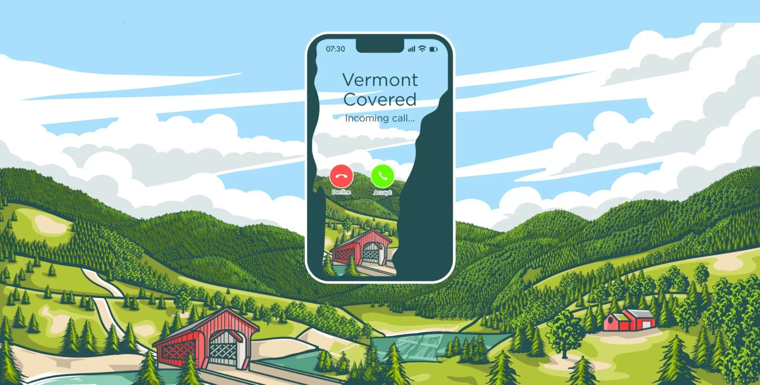 Illustration of a smartphone displaying an incoming call from Vermont Covered amidst a scenic landscape of green hills, forests, and a small red barn, with clouds and a blue sky in the background.