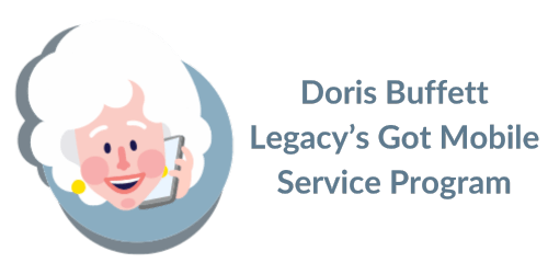 Illustration of an elderly woman with white hair, yellow earrings, talking on a cell phone, with text reading 'Doris Buffett Legacy's Got Mobile Service Program'.