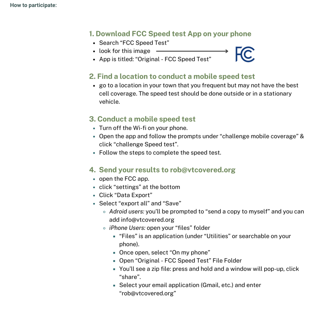 Instructions for testing mobile internet speed and submitting results using the FCC Speed Test app.