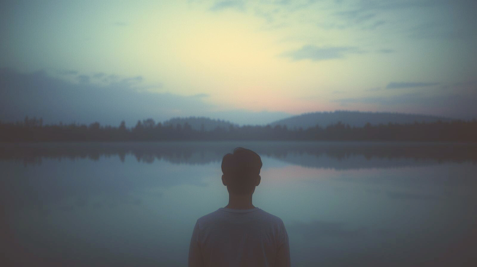 A silhouetted person standing at the edge of a calm lake at dusk, facing the water and distant tree-lined hills under a soft, fading sunset sky reflected on the surface.