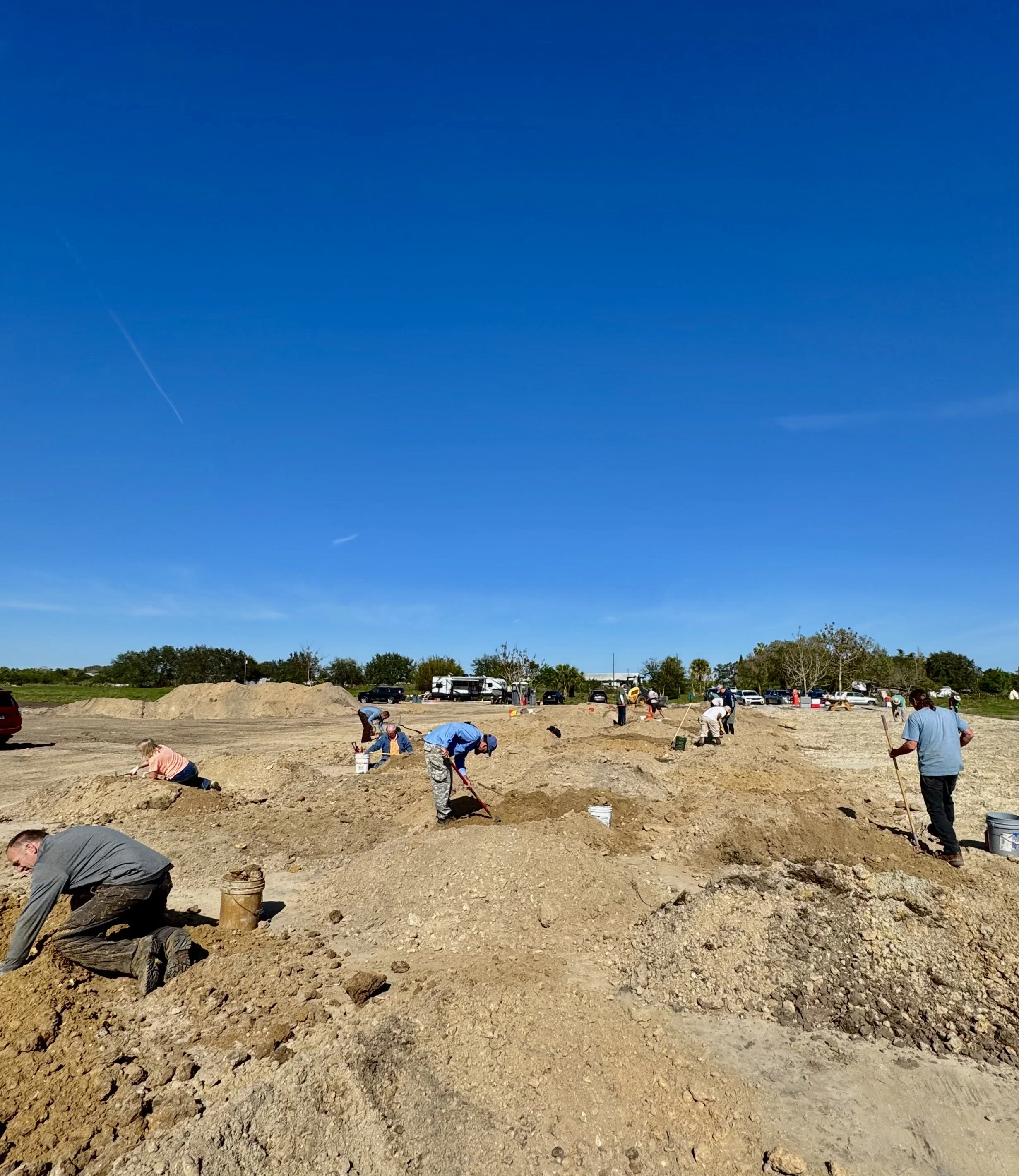 People working on an archaeological excavation site on a sunny day with blue skies, digging and studying the exposed dirt.