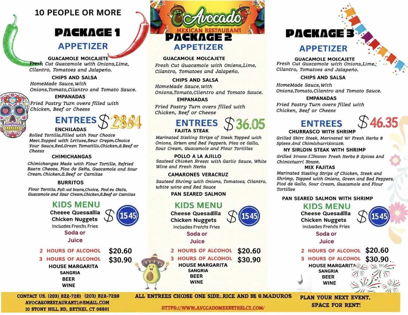 🎉 Planning a Party, Birthday, Graduation, Corporate Event, or Family Gathering? 🌮🥑

Let Avocado Mexican Restaurant cater your next event! We offer 3 delicious catering packages for groups of 10 or more, featuring fresh appetizers and authentic Mex