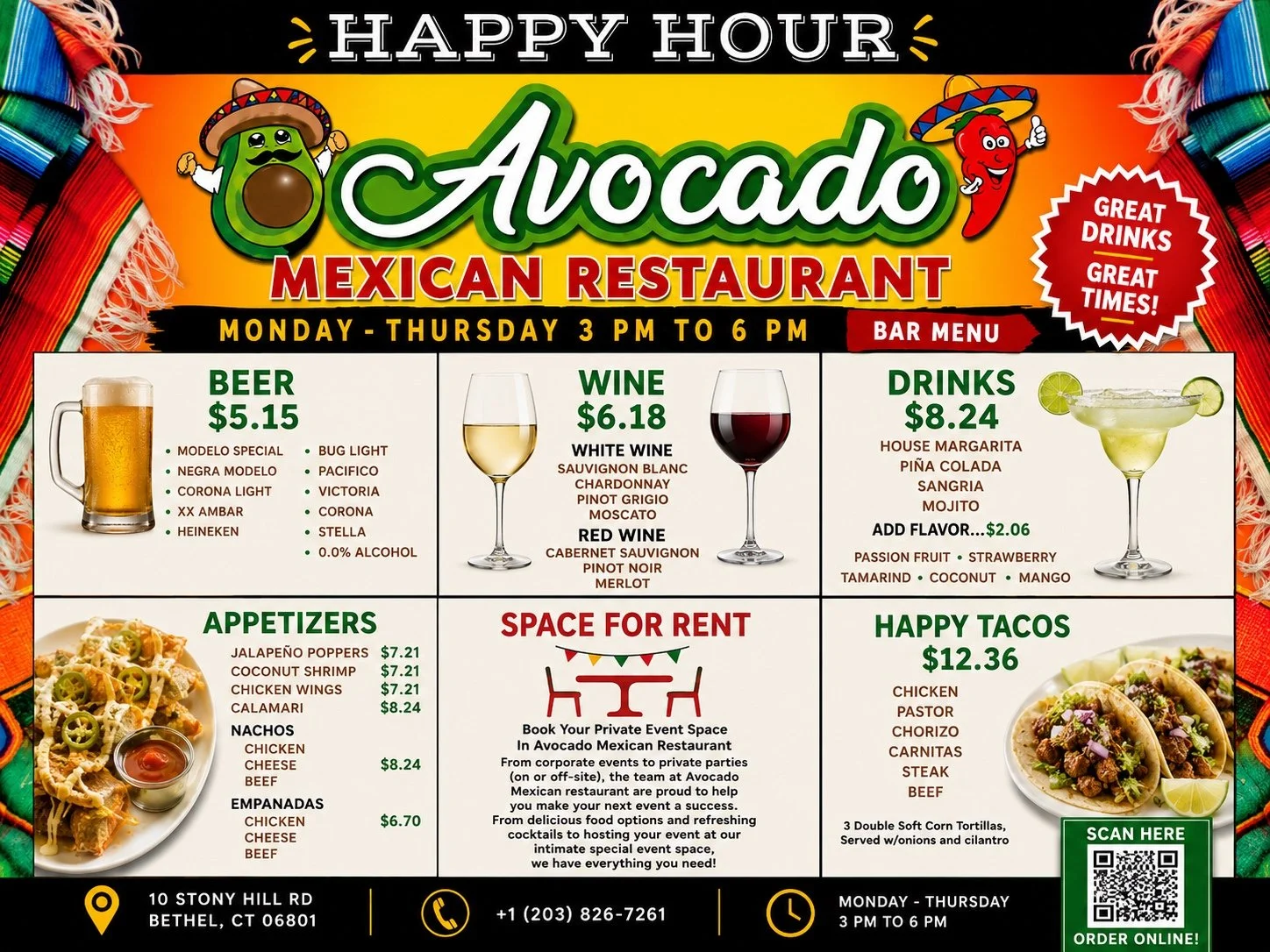 Happy Hour at Avocado Mexican Restaurant | Bethel, CT | Margaritas, Cocktails & Drink Specials