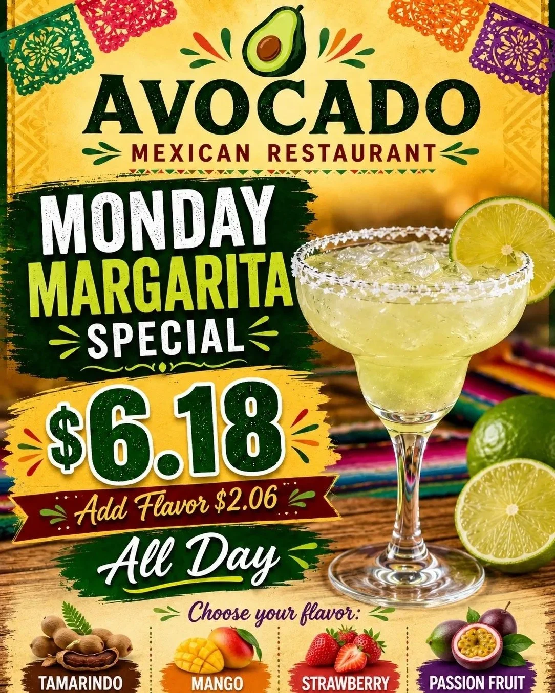 “Margarita Monday at Avocado Mexican Restaurant in Bethel, CT – Enjoy fresh lime and flavored margaritas all day every Monday.”