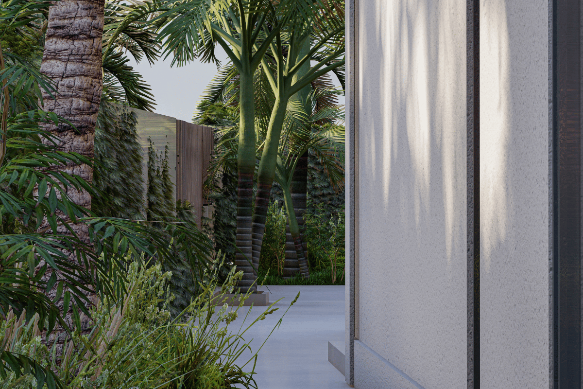 View of a garden with tall palm trees and lush greenery next to a modern building with a textured wall and shadow patterns.