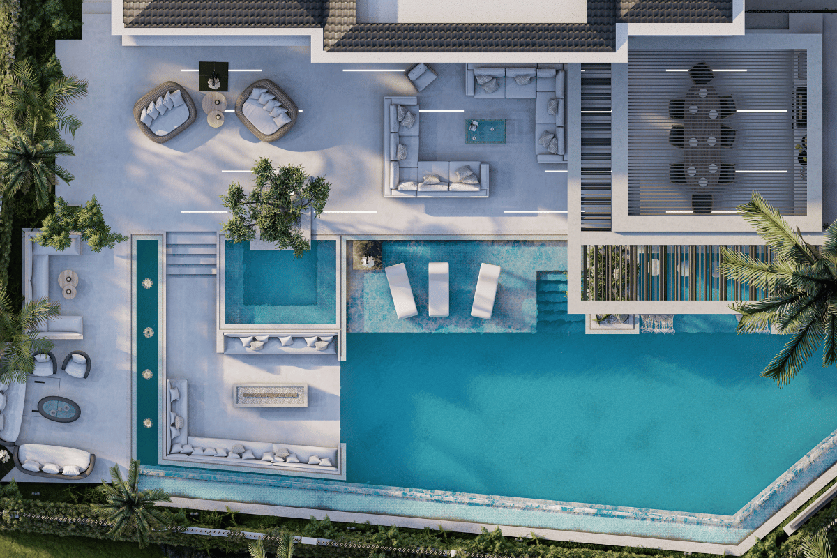 Top-down view of a modern outdoor pool area with lounge chairs, sofas, and shaded dining space surrounded by palm trees.