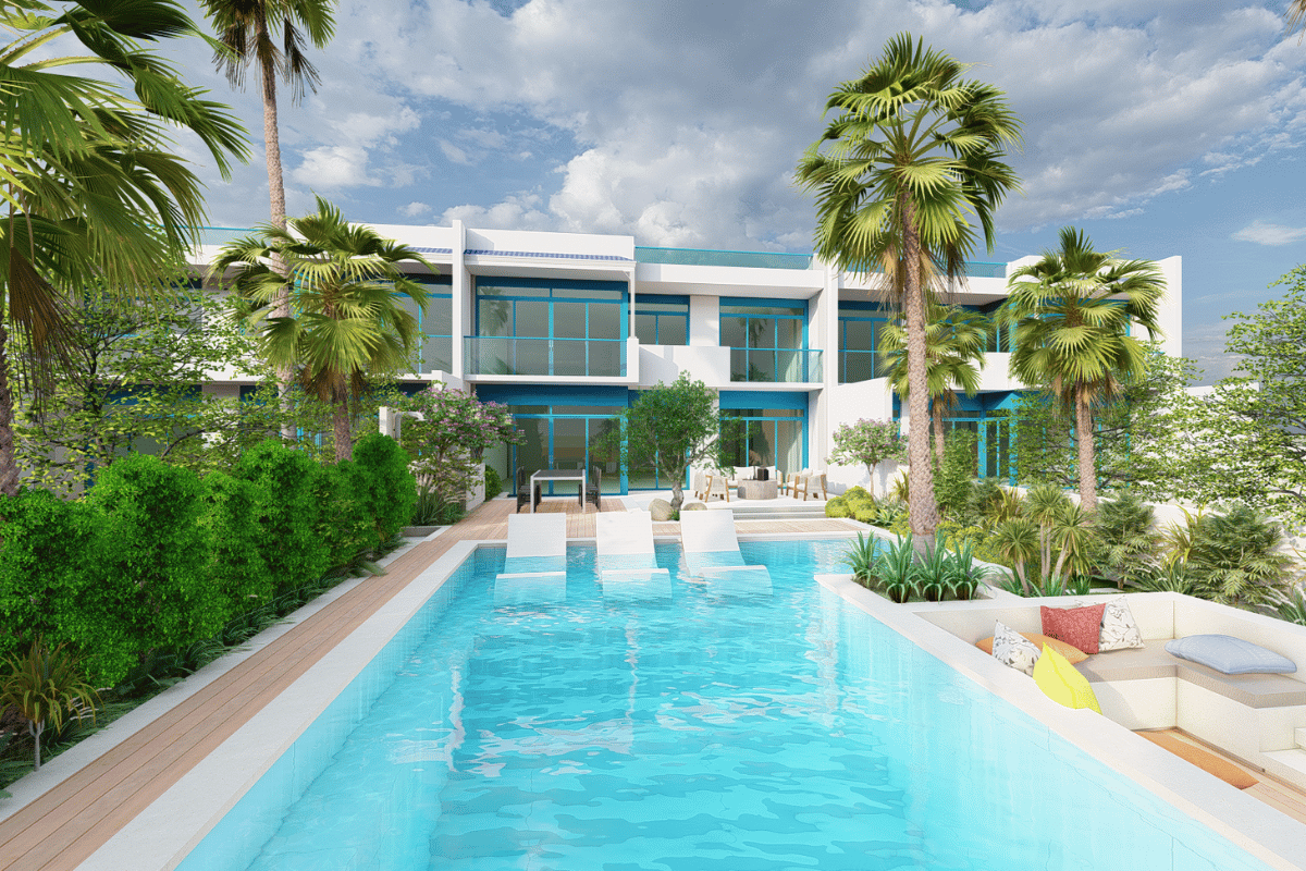 Luxury modern house with large glass windows, surrounded by palm trees and tropical plants, featuring a swimming pool with slides and outdoor seating areas.