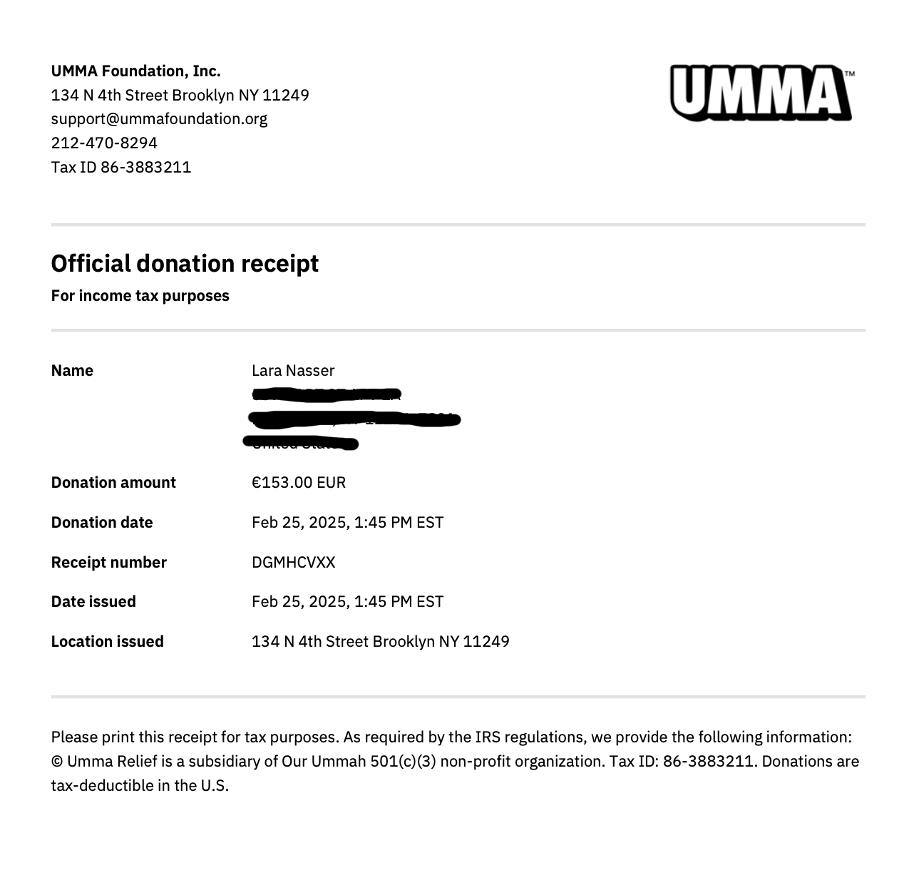 A donation receipt from BABA SAID NO to support relief in the levant