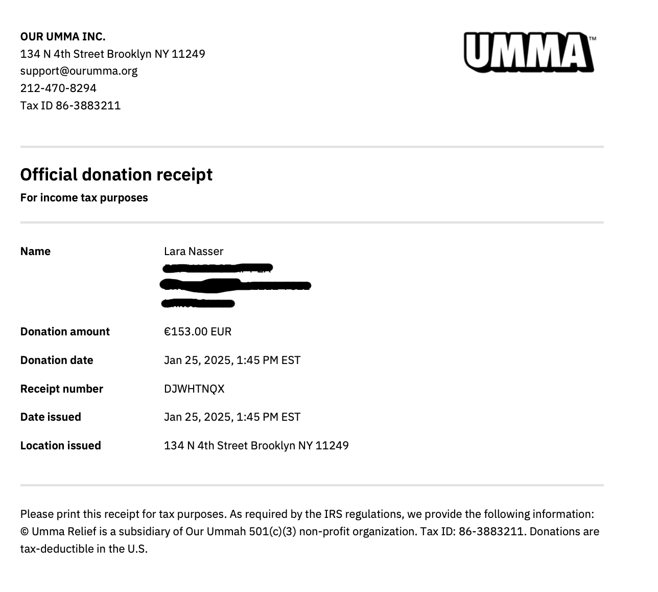A donation receipt from BABA SAID NO to support relief in the levant