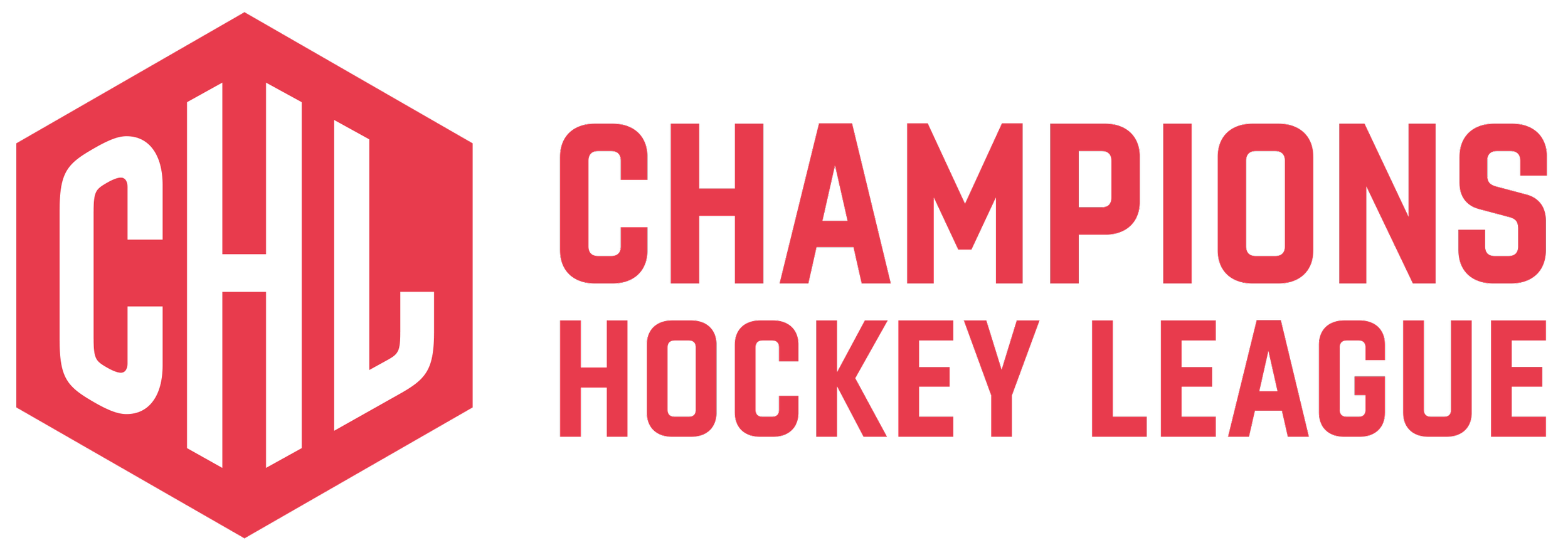 Hockey-liigan CHL Champions logo, jossa teksti 'CHL Champions Hockey League' ja punainen hexagon.