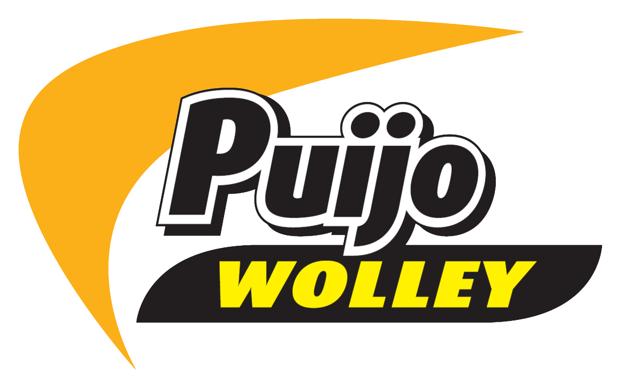 Kuvassa logo, jossa teksti "Puijo Wolley" mustavalkoisella taustalla, osa logosta on keltaisessa ja mustassa pohjassa