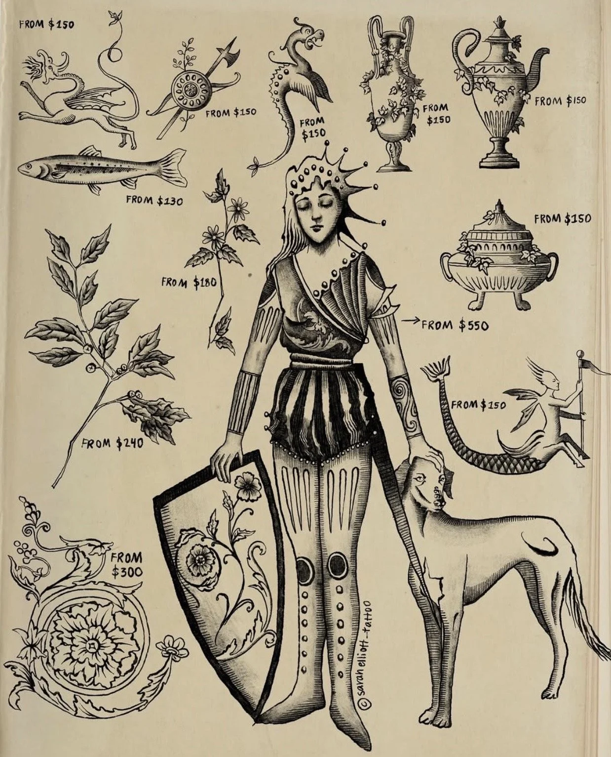 Black and white illustration featuring mythical and historical objects: a dragon with a price tag of $150, a shield with a flower plant priced at $300, a fish priced at $130, a plant priced at $180, ornate vases and jars ranging from $150 to $550, a