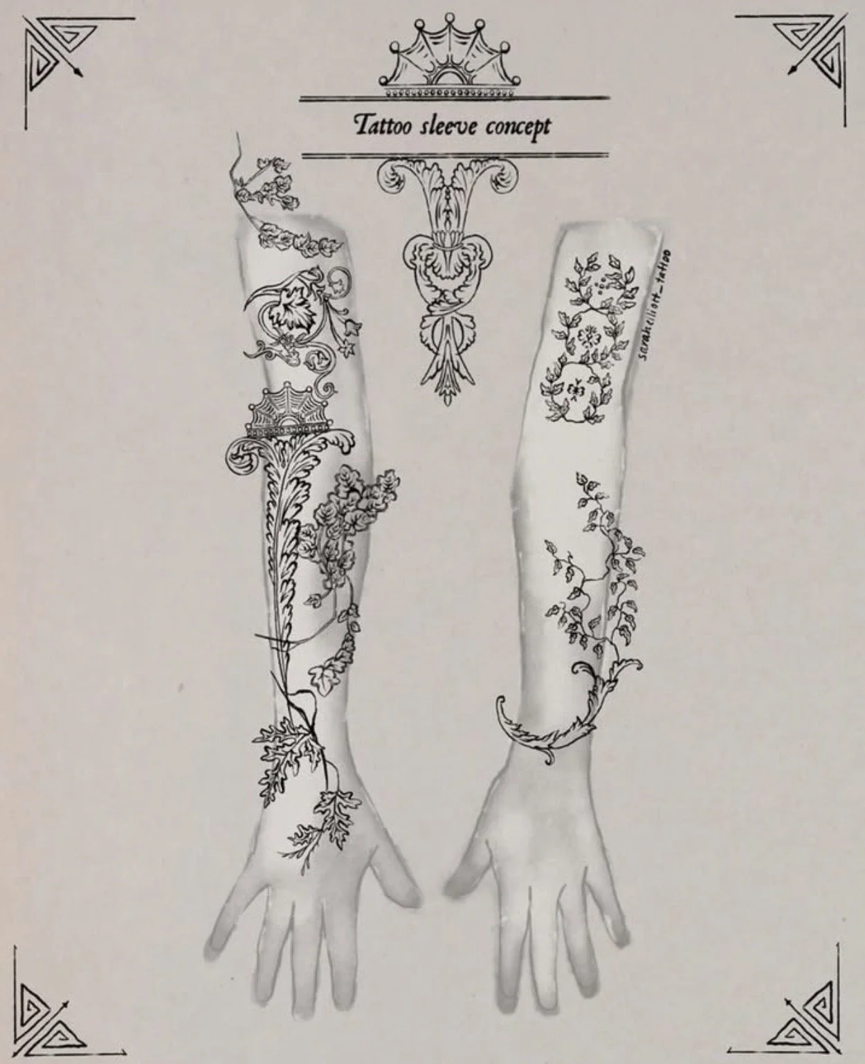 Sketch of tattoo sleeve concept showing both arms with floral and decorative designs, labeled as 'Tattoo sleeve concept', with a crown and decorative elements at the top.
