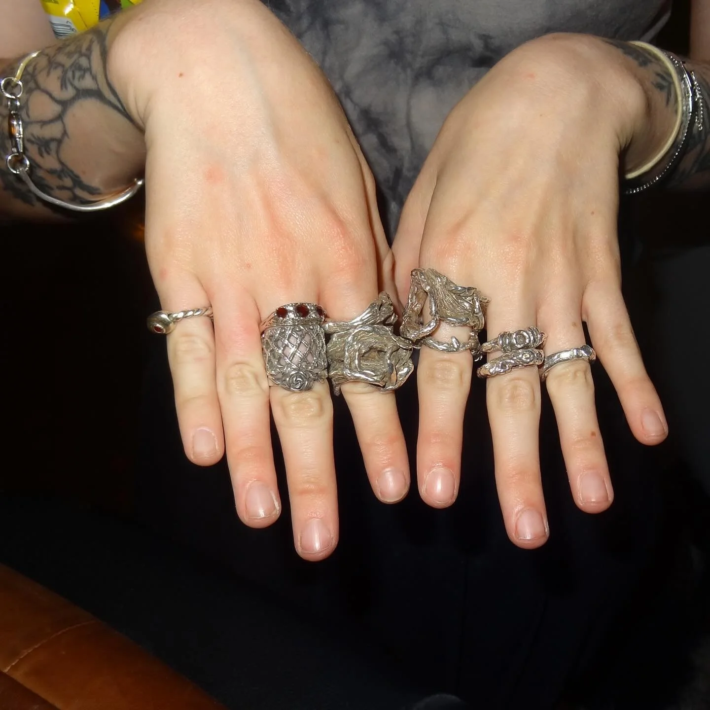 Some of my rings- most are ones I made from recycled silver, others are ones I&rsquo;ve collected from different antique centres 

📷 : @air.wavez @roomsofsand