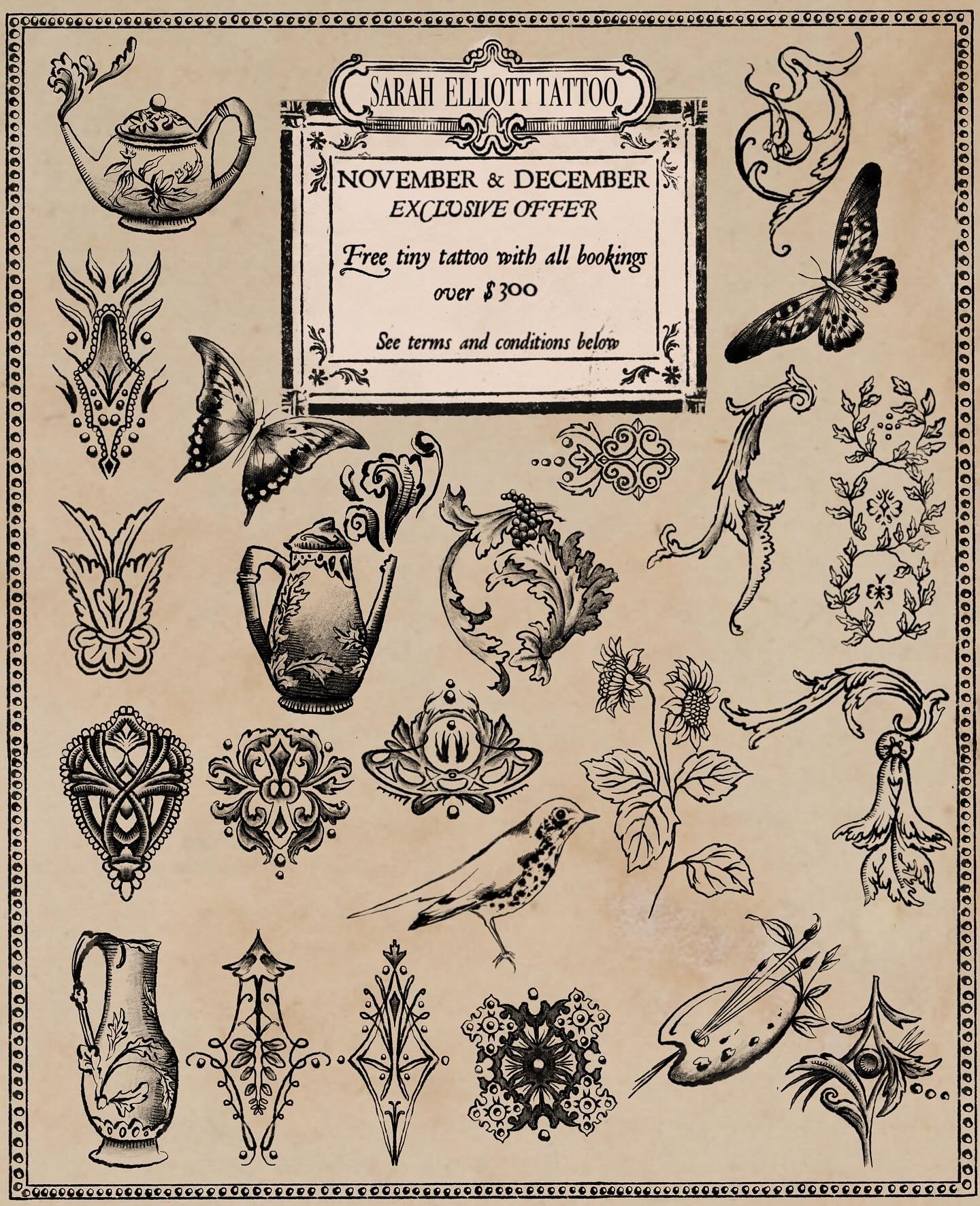 Free tiny tattoo (if you choose) for November/December 2025 spots! You are welcome to choose any of the designs on this flash sheet and add them to your booking at no additional cost for 7cm or under. I&rsquo;ve done something similar to this early i