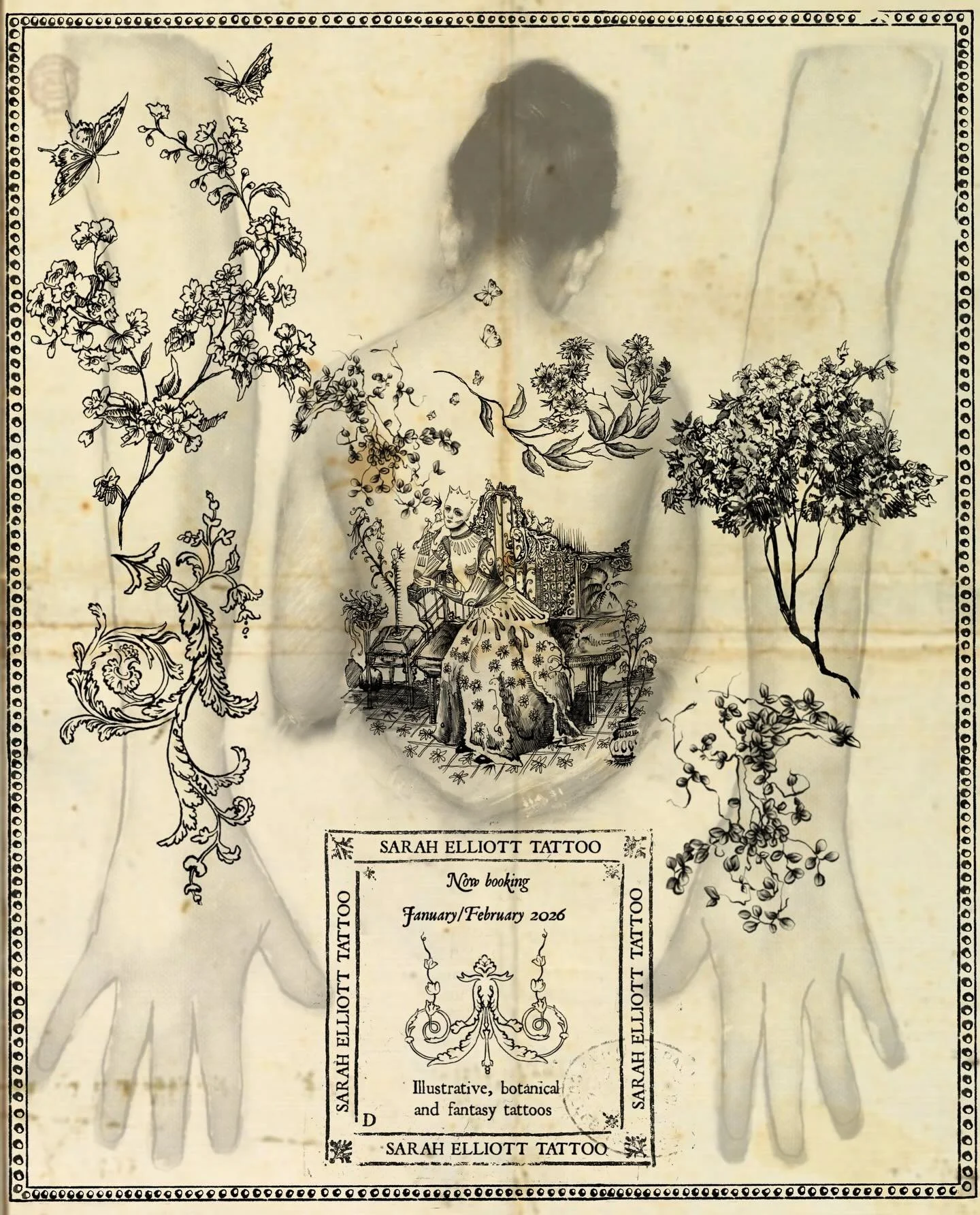 I design cohesive sleeves where botanical and ornamental elements flow together as one. Flash is generally used as a point of departure but is customised through collaboration. It's not unusual to integrate elements from different designs into someth