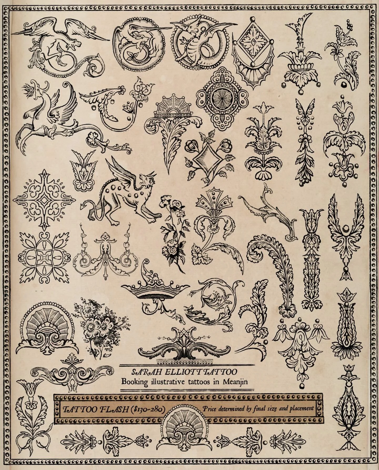 Tattoo flash ideas between $130 and $280! This pricing is for all designs on this page under 10cm. The price is a sliding scale depending on your preferred size and placement. These are all examples of the kinds of designs that can be booked as a Tie