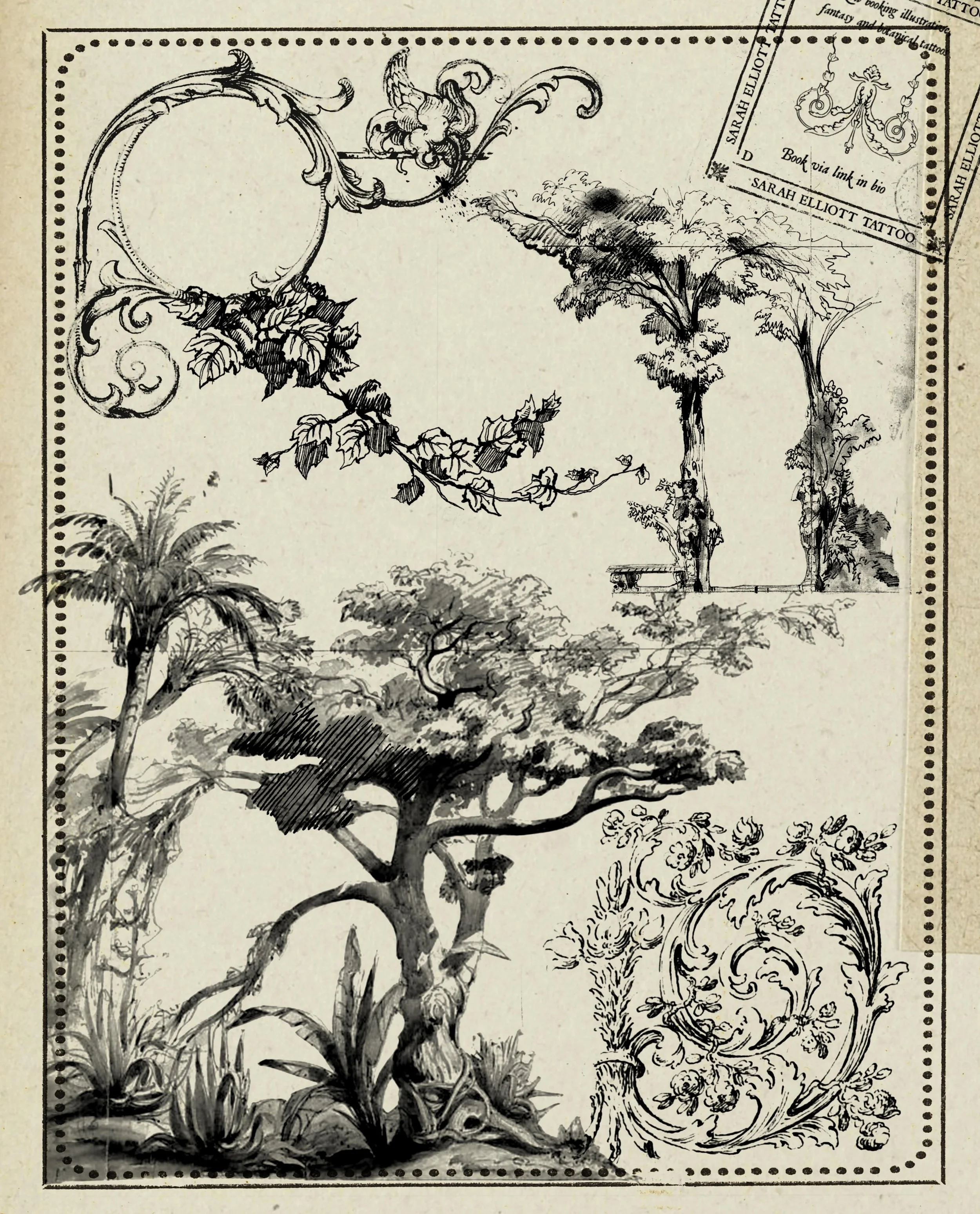 Some flash ideas inspired by historical illustrations that I&rsquo;ve collected. The trees are from old set illustrations-possibly for a play? All of these will need some tweaking to work as tattoos but I think this is a good thing because we will be