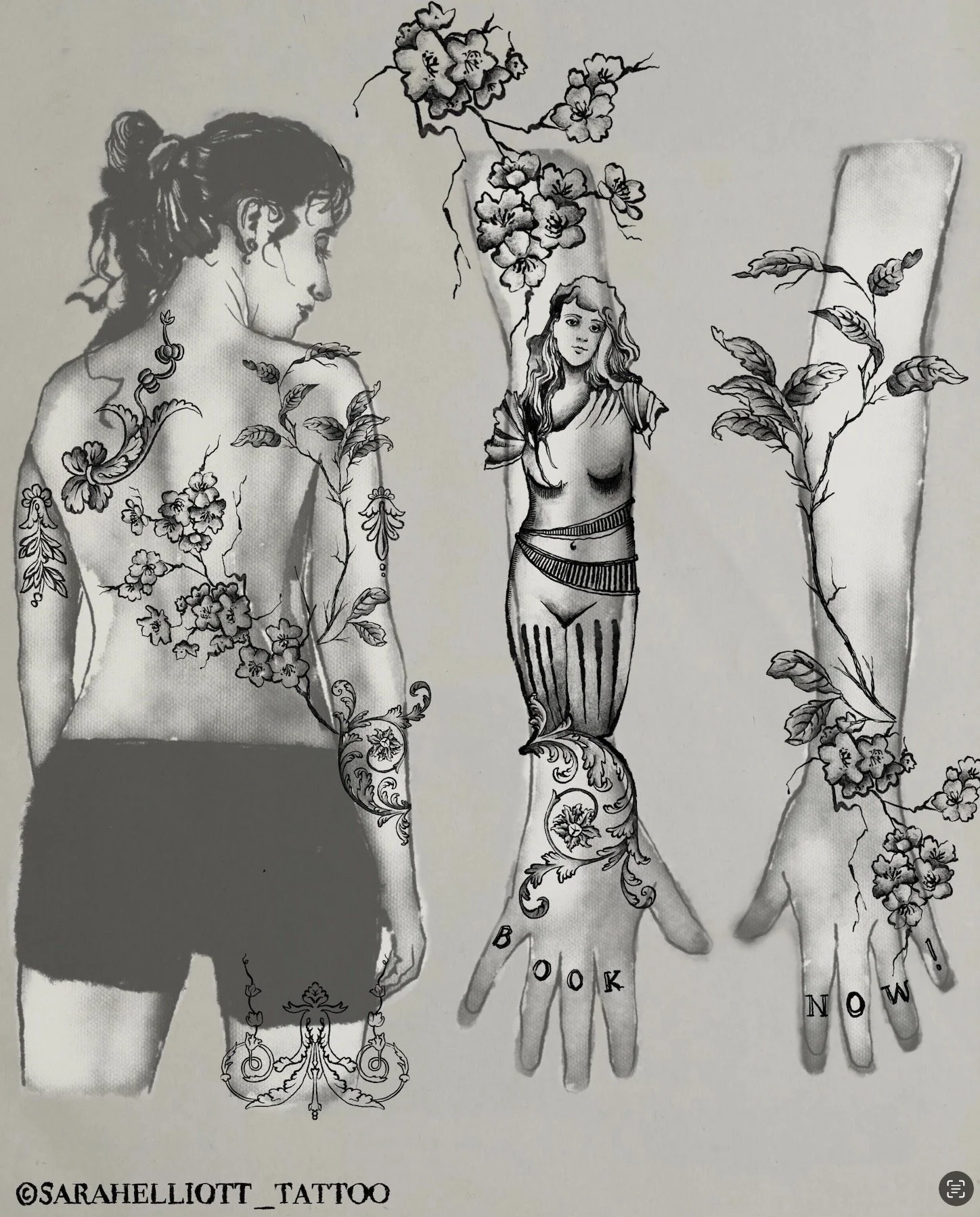 Illustration of a woman with floral tattoos on her shoulder, arm, and side, looking at a tattooed hand that says 'BOOK NOW'. The design includes a smaller woman in a vintage outfit emerging from the hand, with floral elements connecting the tattoos.