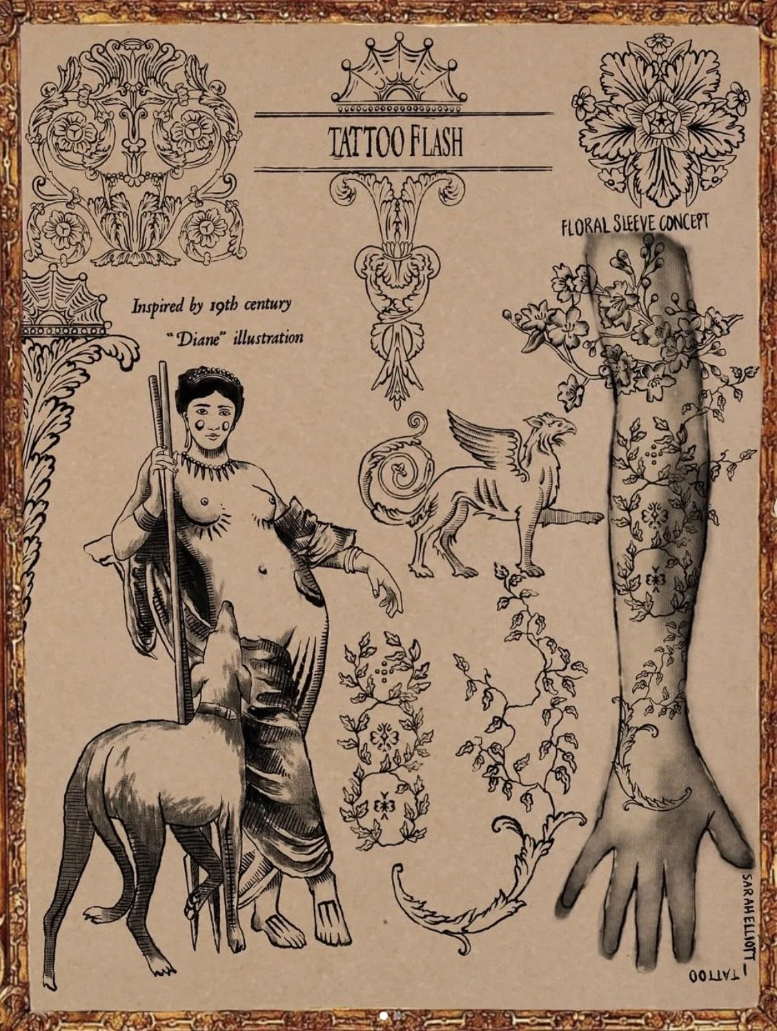Tattoo flash sheet featuring floral sleeve concept, inspired by 19th century 'Diane' illustration, with a woman and dog, a winged lion, ornate floral designs, and a hand outline for tattoo placement.