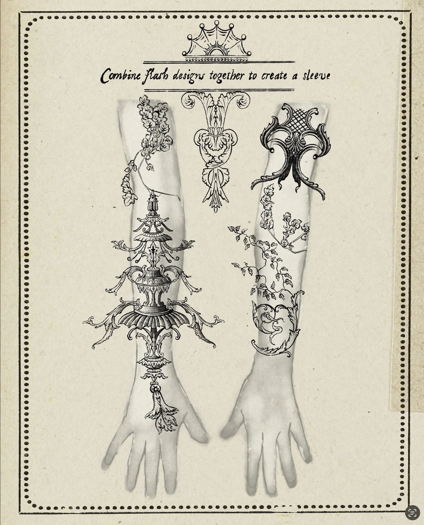 Illustration of two arms with elaborate tattoo designs, with a note to combine flash designs to create a sleeve tattoo.