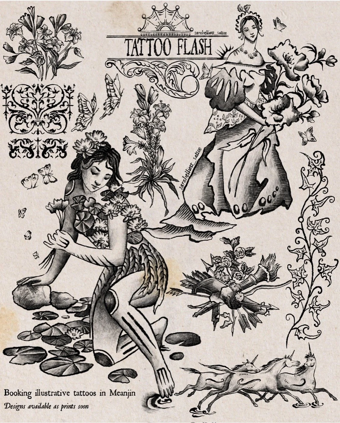 Black and white tattoo design with floral motifs, a woman holding flowers, a woman in a dress, butterflies, a unicorn, and decorative elements, with the text 'Tattoo Flash' and details about booking tattoos.