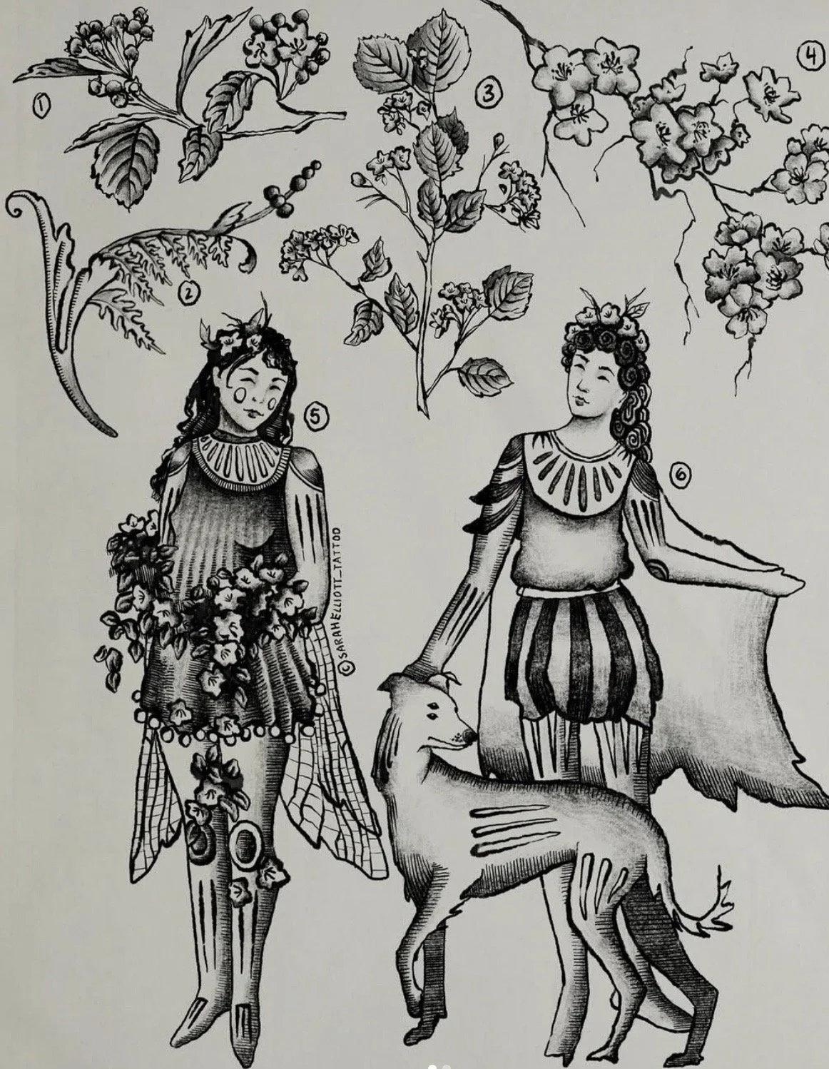 Drawing of two mythological figures with plant elements and a dog. The figure on the left has leaves and flowers on her head and a dress made of flowers. The figure on the right has a crown of flowers and is holding a dog. There are detailed sketches