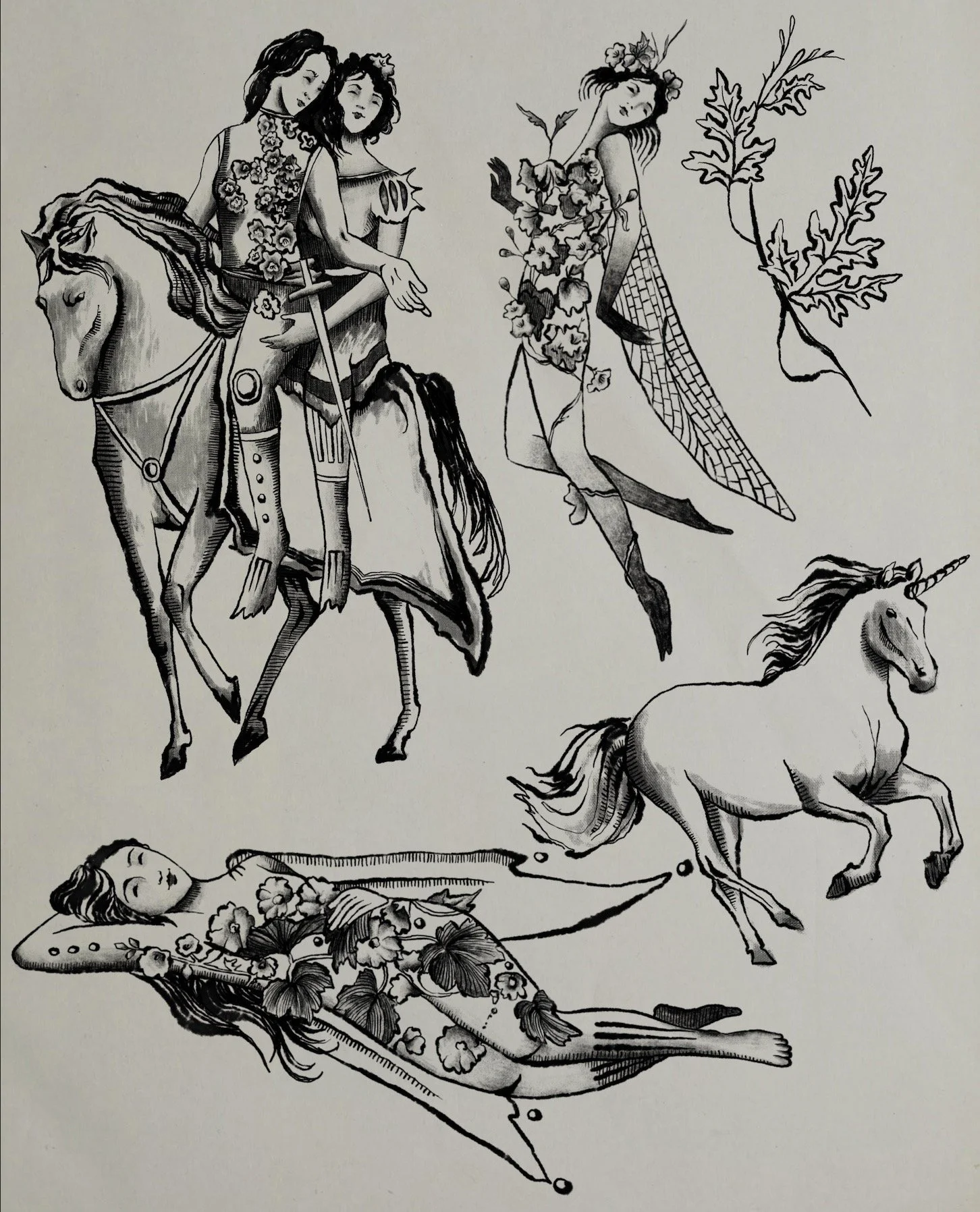 Black and white illustration of fantasy characters including two women on horseback, a woman with flowers and leaves, a woman lying down with floral clothing, and a unicorn.