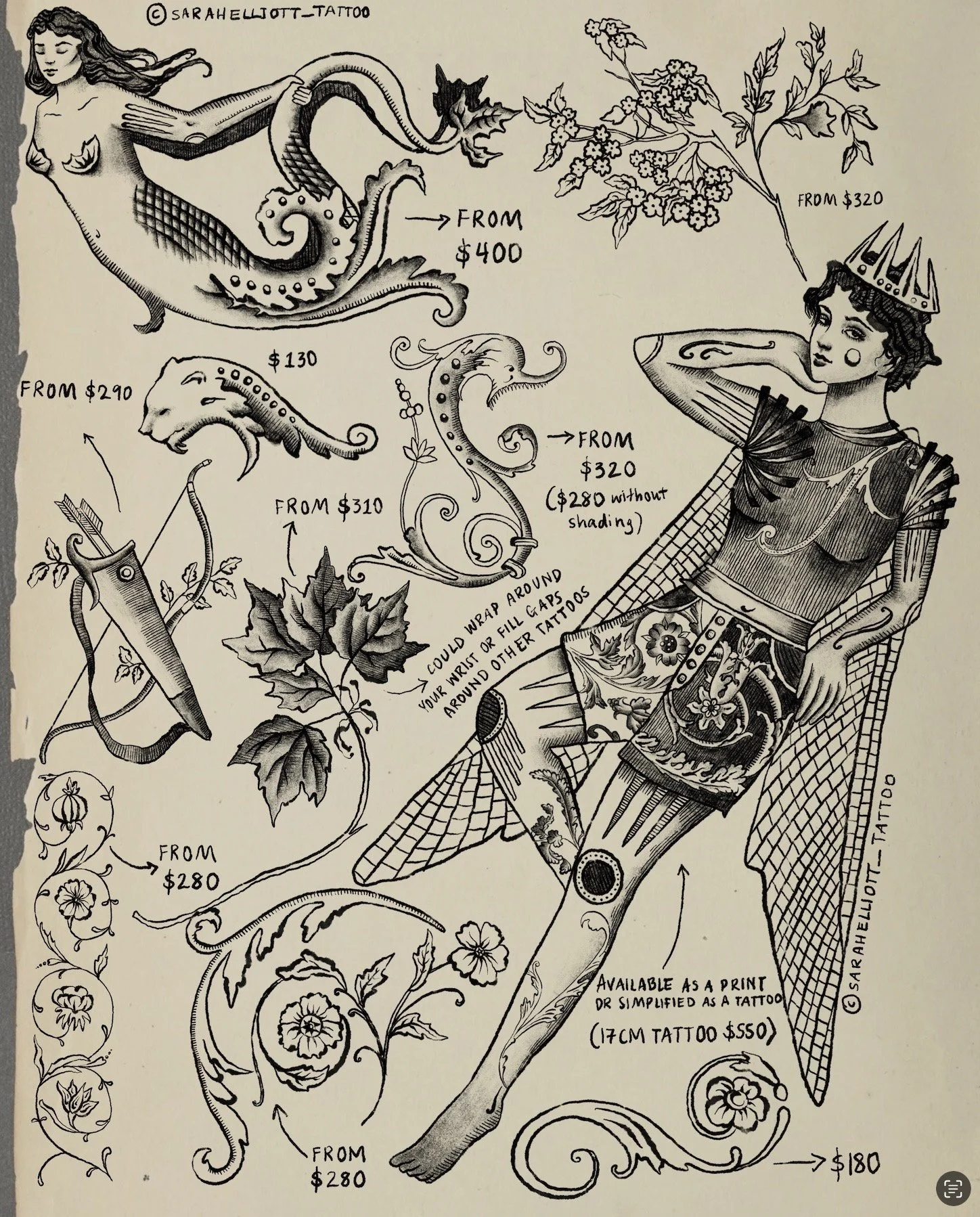Black and white illustration of a woman with tattoos, a crown, and floral elements, with various tattoo designs and prices listed around her, along with notes about tattoo options and wrapping suggestions.