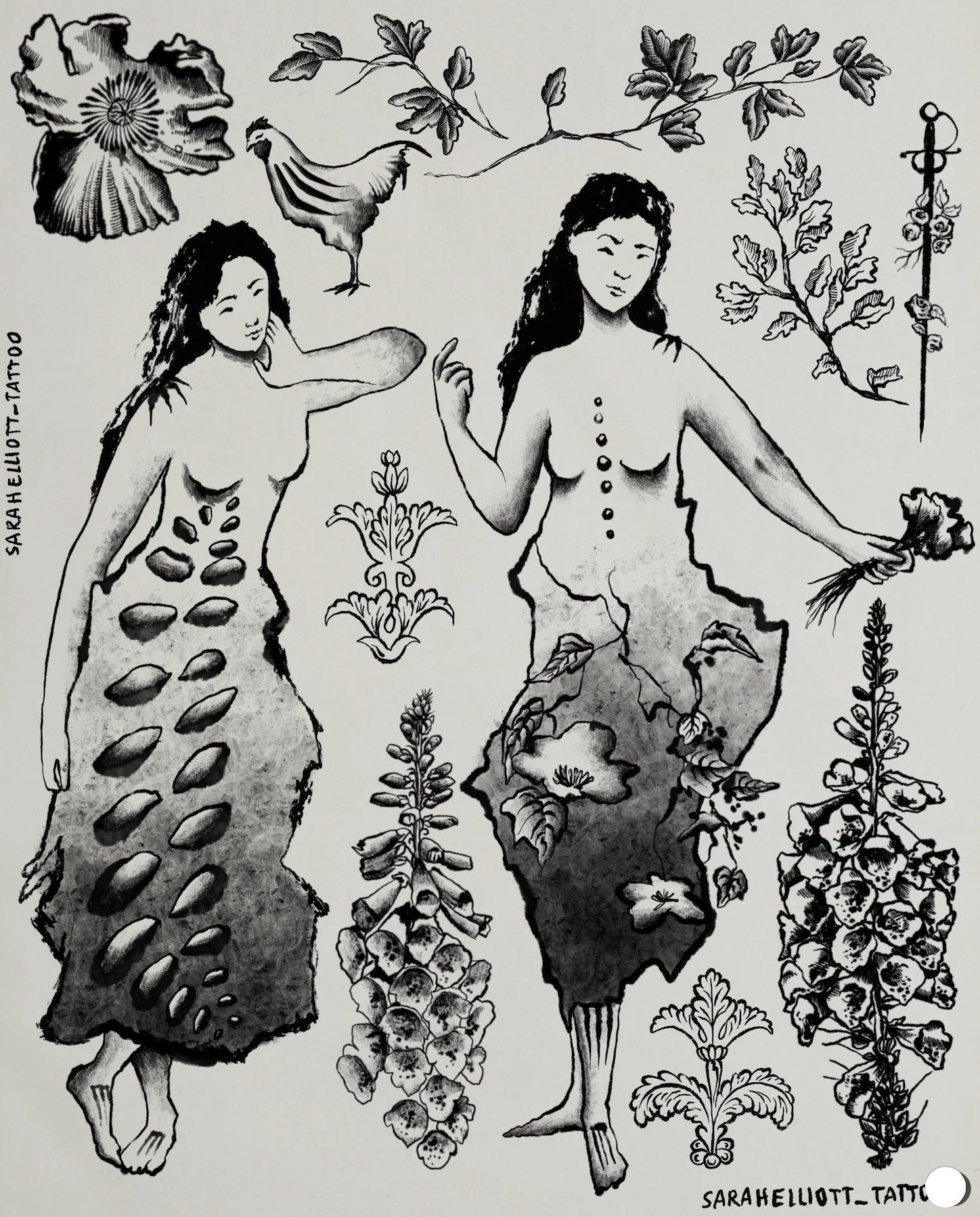 Black and white illustration of two women with flowers and plants, with a shell, a hen, and ornate decorative elements.