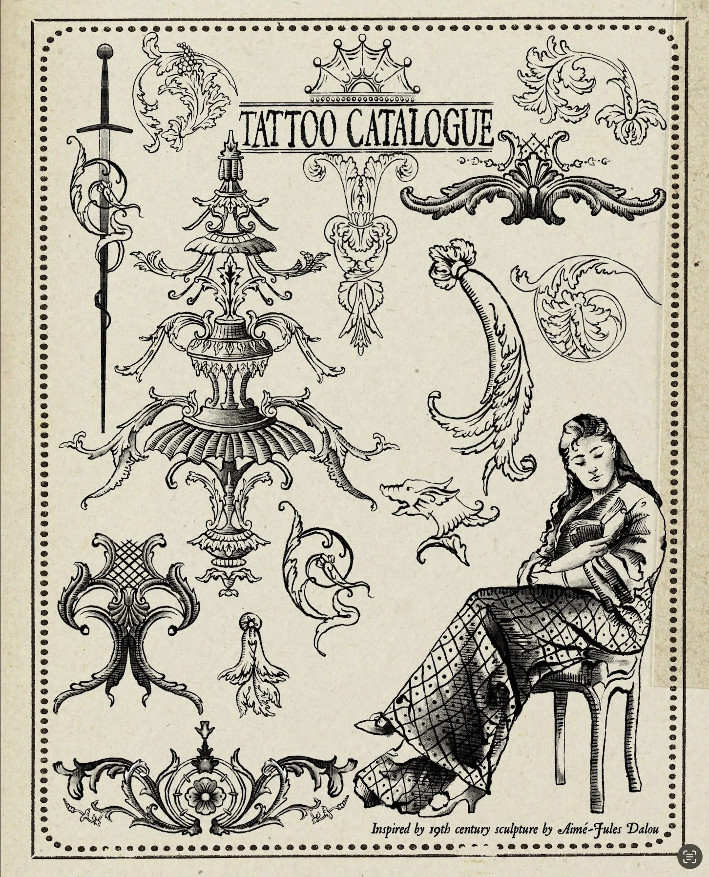 Black and white illustration of a tattoo catalog cover with ornate decorative elements, a woman sitting and reading, and the text 'Tattoo Catalogue' at the top. Inspired by 19th century sculpture.