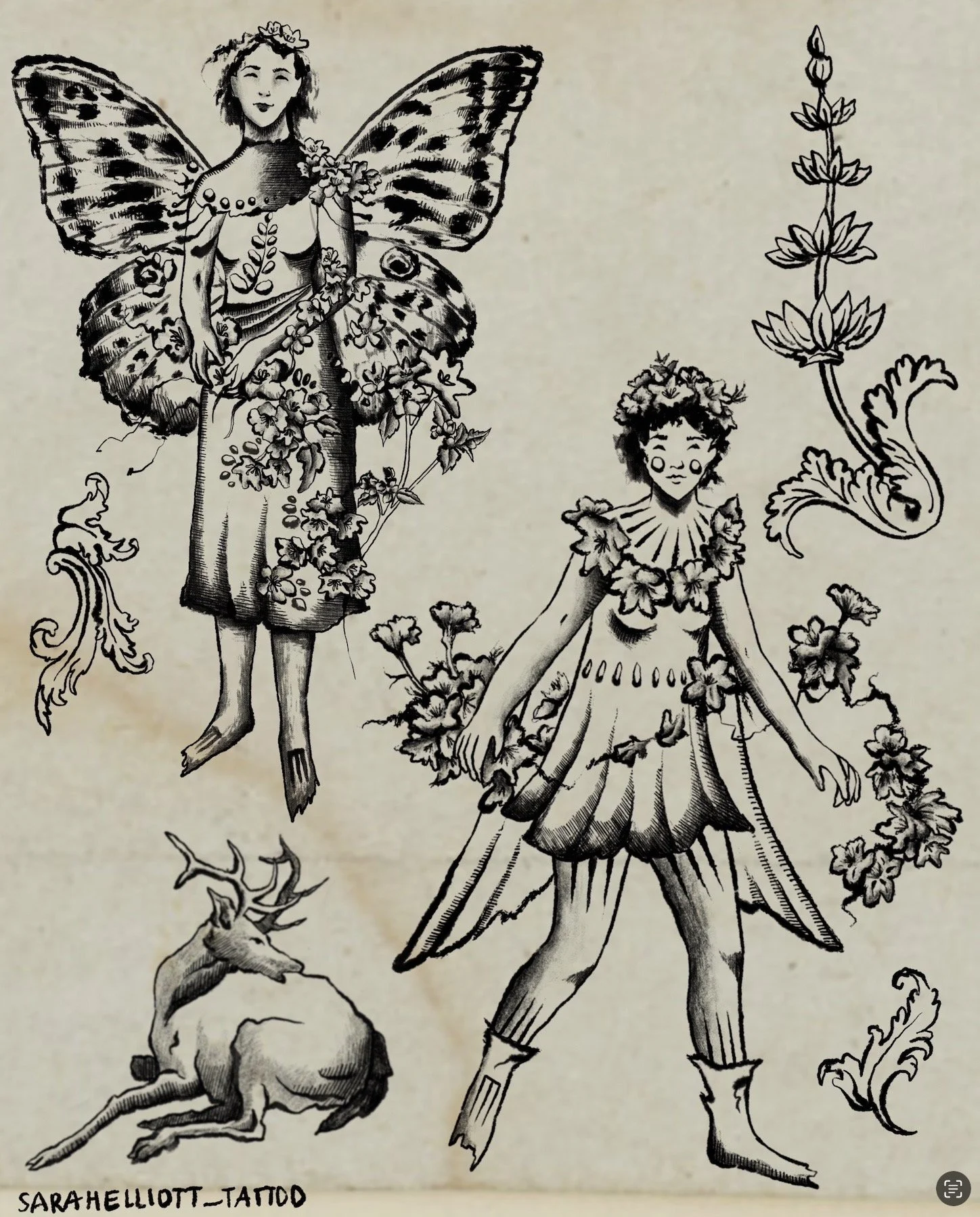 Black and white illustration of two fairy-like figures with flower and leaf motifs, surrounded by decorative swirls and a sitting dog or wolf. One figure has butterfly wings, short curly hair, and wears a dress with leaf embellishments, while the oth