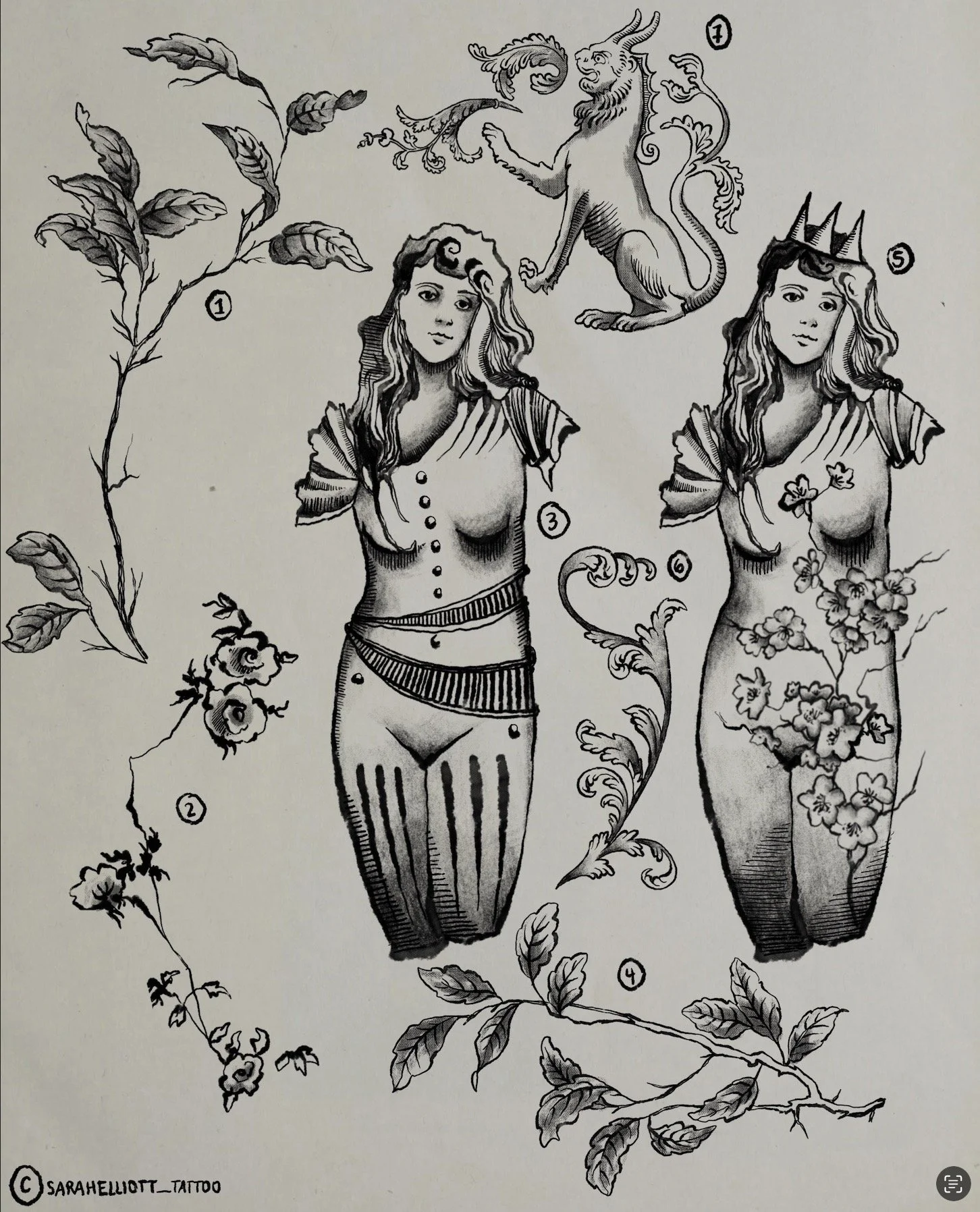 Black and white illustration of a woman with various decorative elements and mythical motifs, including a lion with a crown, floral patterns, and leaves, with labels numbered 1 to 7 on different parts of the drawing.