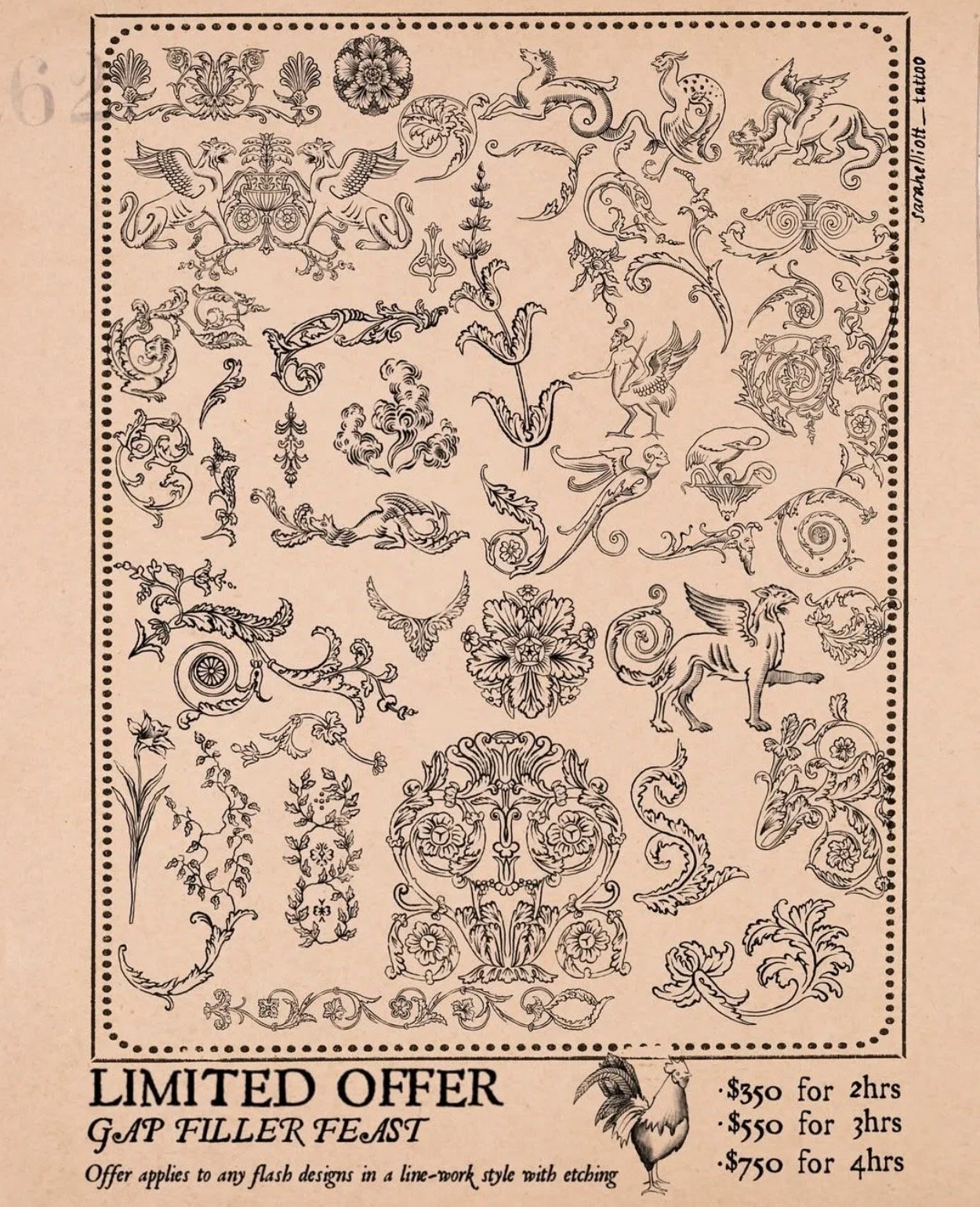 A sheet of temporary tattoo designs featuring intricate line-work floral patterns, mythical creatures, and decorative elements. The designs include winged horses, dragons, floral motifs, and ornamental scrolls. The sheet is labeled with a limited off