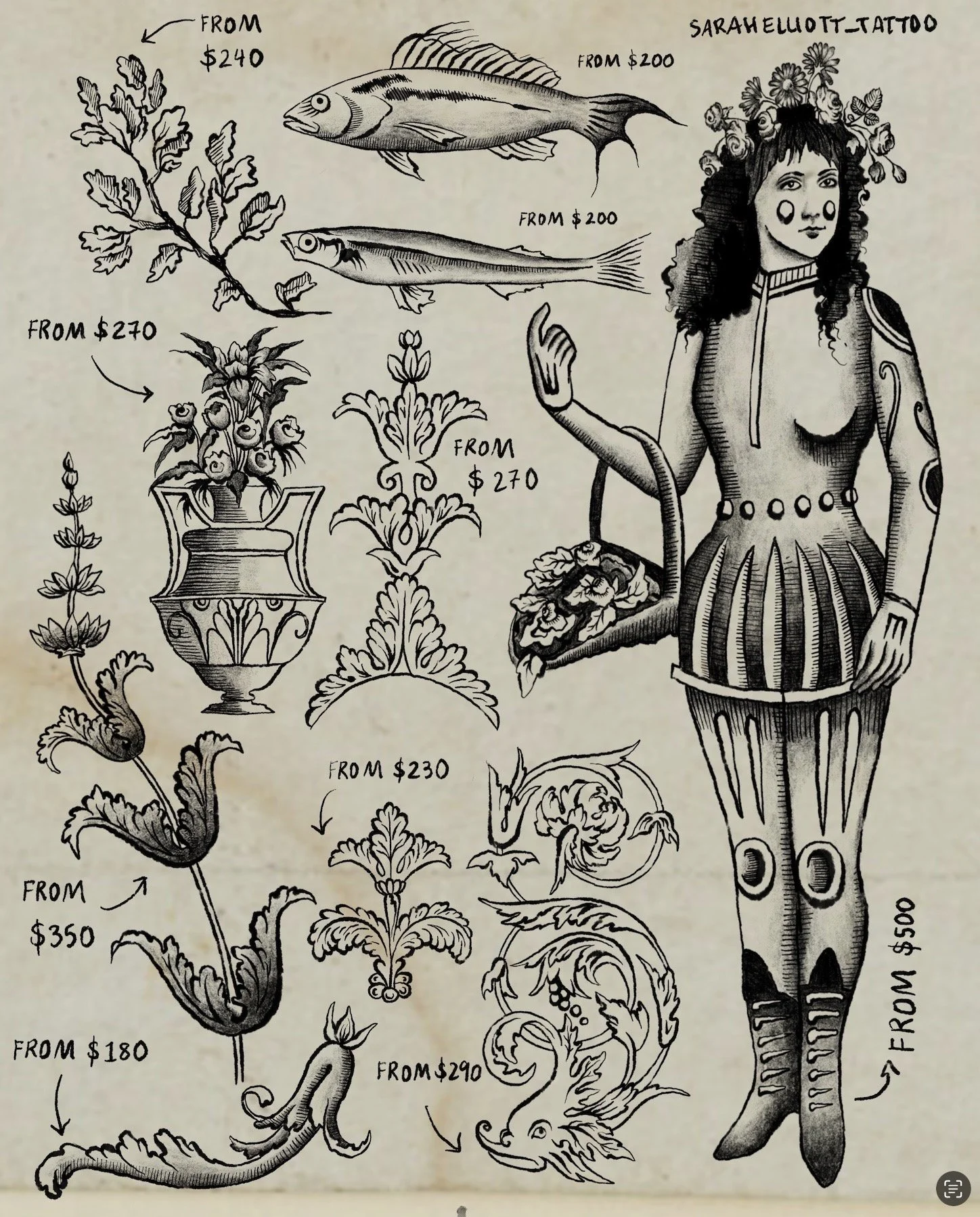 Illustration of various plants, fish, and decorative Elements with prices in USD, alongside a woman in a patterned outfit holding a basket of flowers. The illustration includes a branch, two fish, flowers in vases, a dragon, and a seahorse, with hand