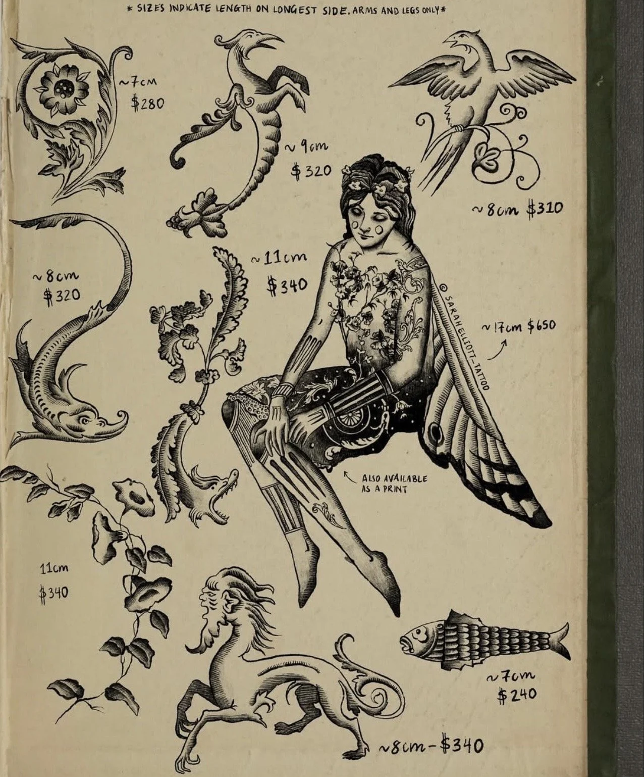 A collection of black and white tattoo designs including floral patterns, a dragon, a mythological creature, a bird, a woman with floral designs, a lion, and a fish, with sizes and prices labeled.
