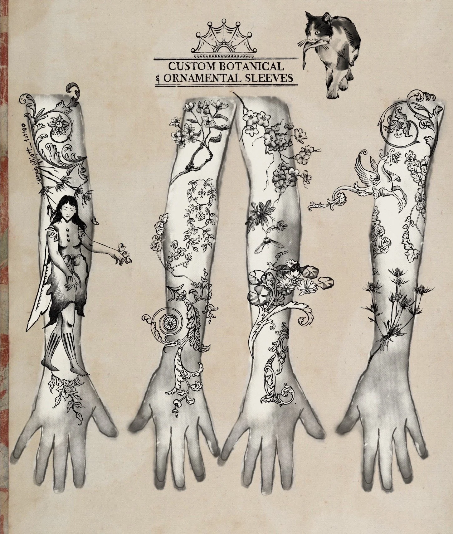 A vintage illustration of four arms with botanical tattoo designs, labeled as 'Custom Botanical & Ornamental Sleeves,' with a girl dressed in traditional clothing on the left and a cat at the top right corner.