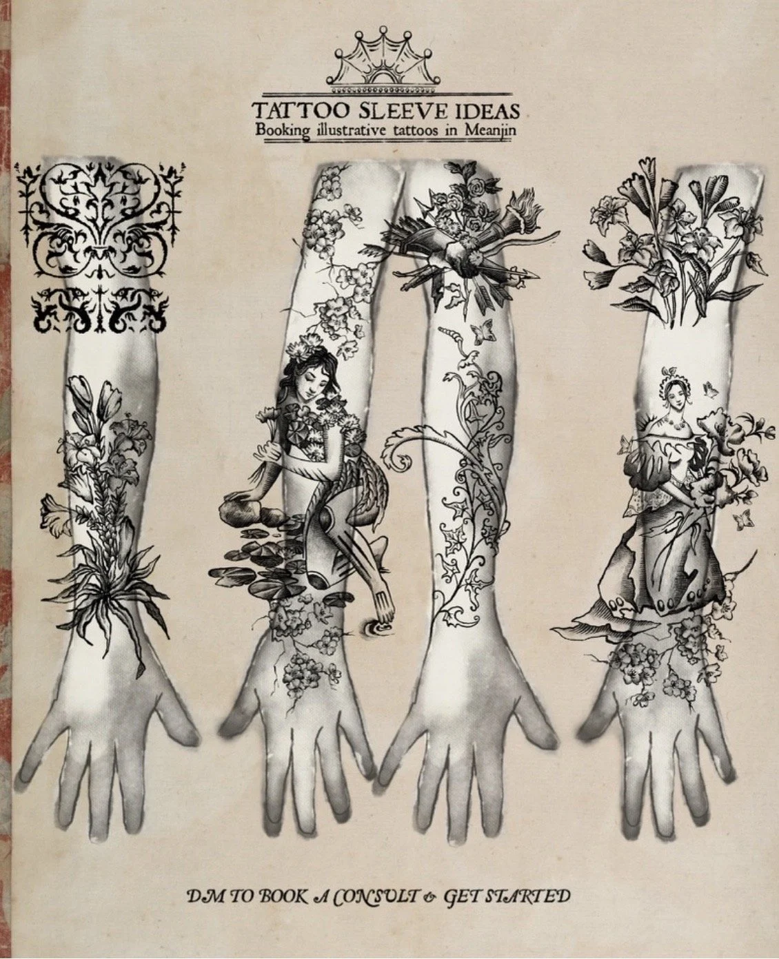 Tattoo sleeve ideas featuring black and white illustrations of women intertwined with flowers, leaves, and birds. Text at the top reads 'Tattoo Sleeve Ideas' and 'Booking illustrative tattoos in Meanjin.' Additional text at the bottom reads 'DM to bo